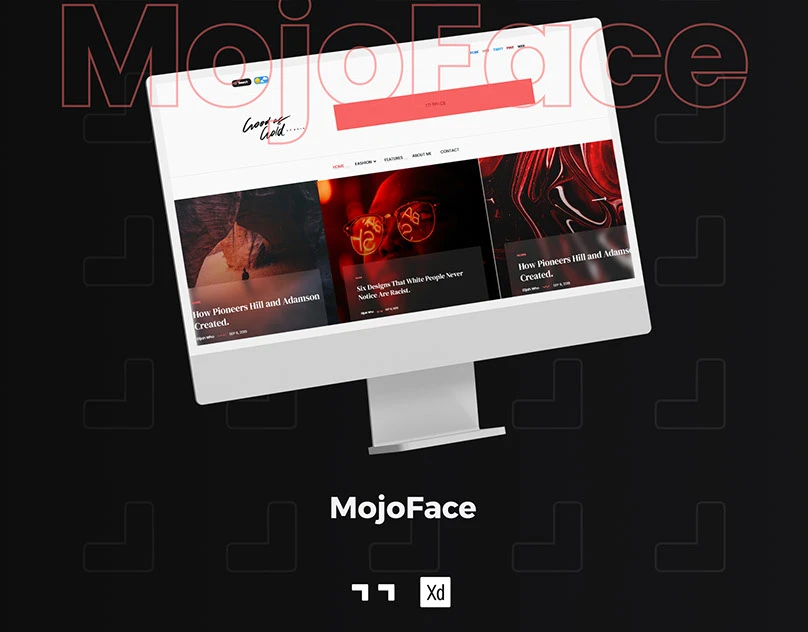 A sleek desktop monitor mockup displaying a modern blog-style website with a minimalist white and black theme, showcasing featured articles with bold imagery and titles. The project is titled "MojoFace" and includes Adobe XD and grid icons, indicating it was designed using UX/UI tools. The background is dark with a subtle red "MojoFace" watermark text overlay.